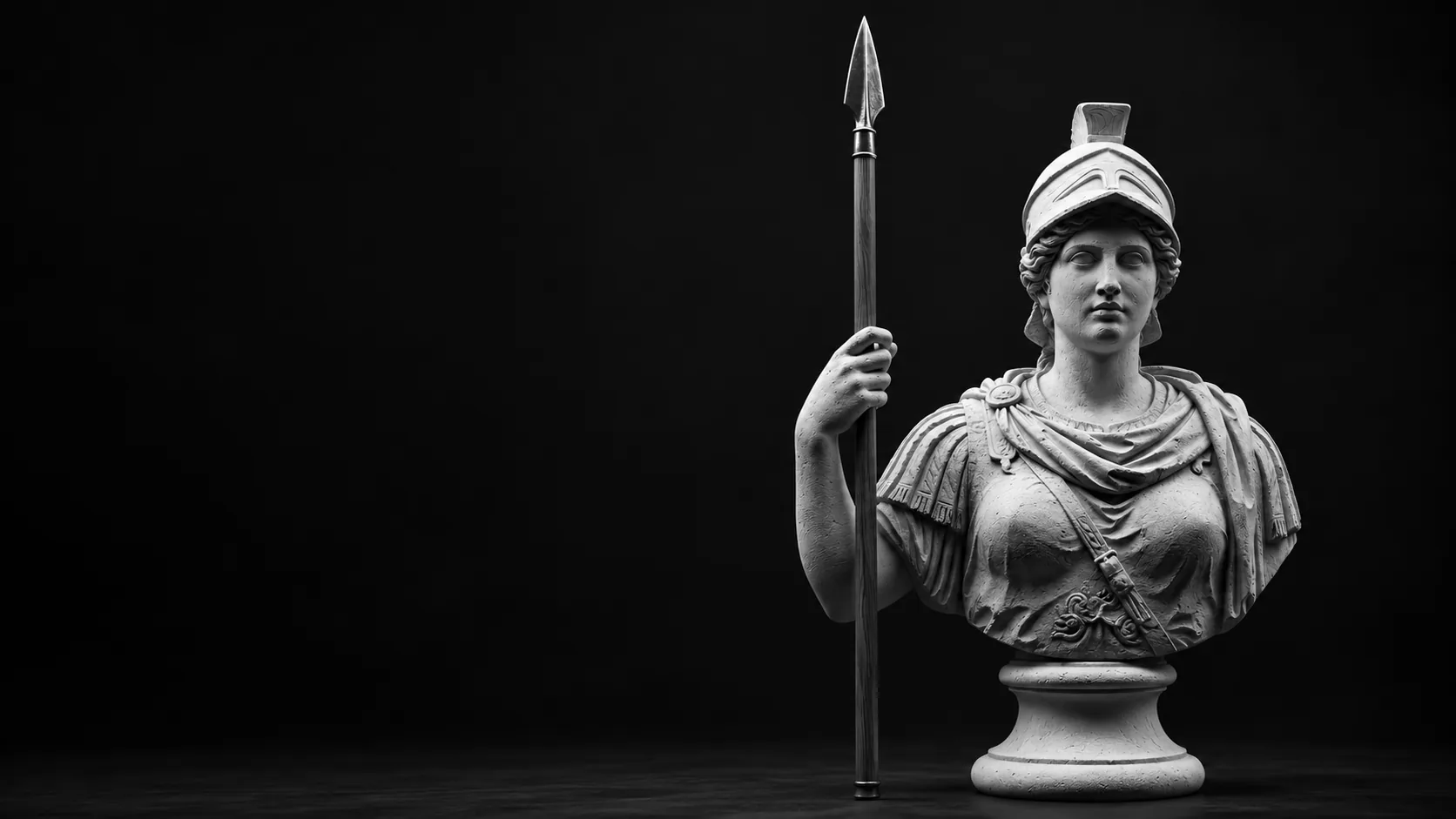 Busto de mármol de Virtus con casco y lanza